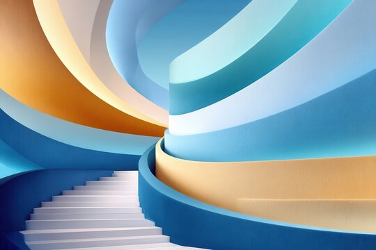 Abstract pastel staircase with flowing curves and architectural spiral in blue and gold tones