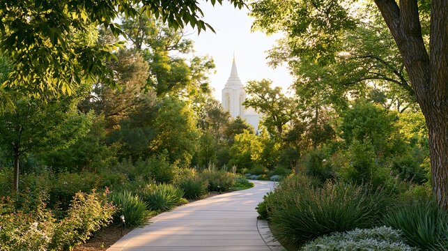 Peaceful Garden Path Leading to White Temple in Morning Light, Tranquil LDS Architectural Landscape with Copy Space