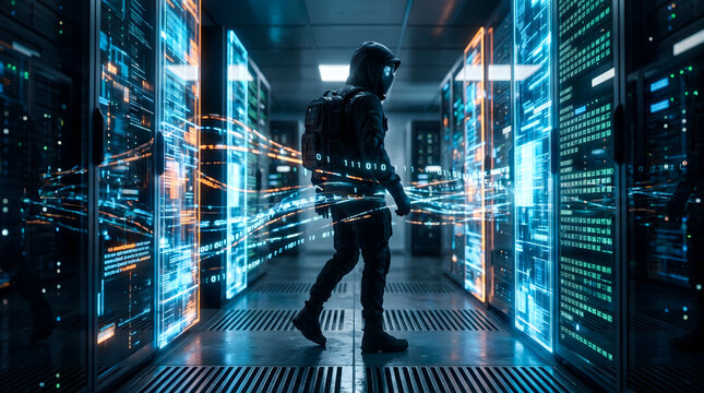 Cybersecurity expert in protective gear inspecting digital server farm