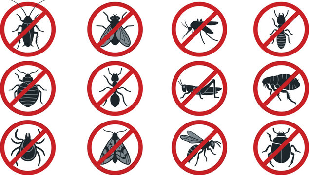 Pest Control and Insect Extermination Sign Set with Prohibited Red Stop Circles for Cockroach Fly Mosquito Bedbug Ant Tick and Flea Prevention Graphic Designs
