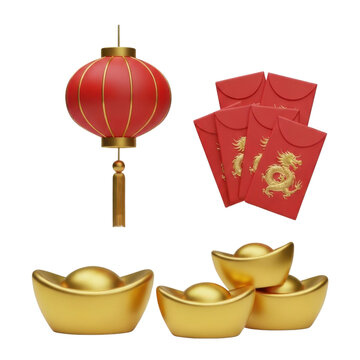Chinese new year celebration with red paper lantern red envelopes and golden sycee ingots.