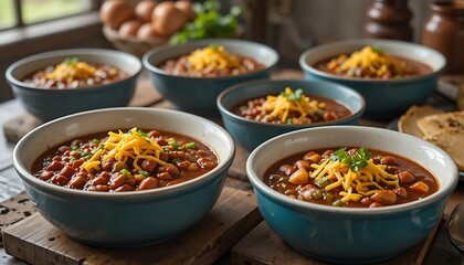 Obraz premium Bowls of hot chili con carne with grated yellow cheddar cheese in a rustic kitchen setting. chili cookoff