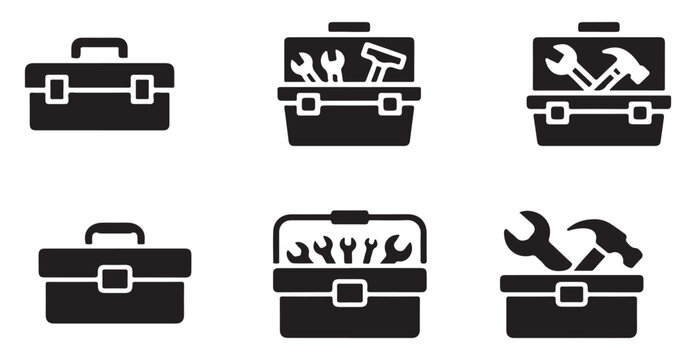 Professional toolbox icons collection showing closed and open chests filled with manual tools.