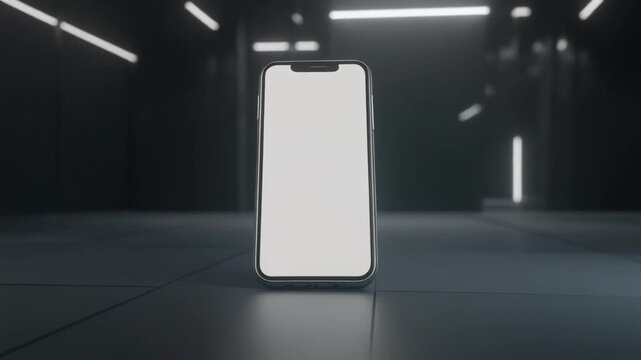 Smartphone mockup showing short video social media layout, empty video frame placeholder, dark modern background, cinematic lighting effects, smooth looping animation, 4K quality