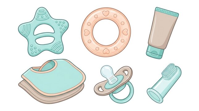Baby teething care essentials with pacifier and teething toys on white background for infant comfort and hygiene