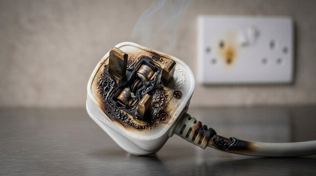 Smoking burnt electrical plug with melted wire and charred wall socket