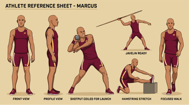 Male athlete reference sheet featuring various poses for character design.