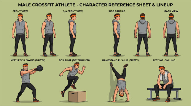 Male CrossFit Athlete Character Reference Sheet and Lineup.
