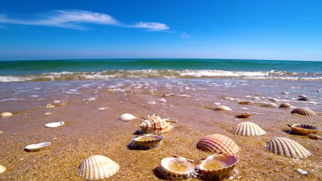 Beautiful Seashells Scattered on a Sandy Tropical Beach Under a Clear Blue Sky with Ocean Waves