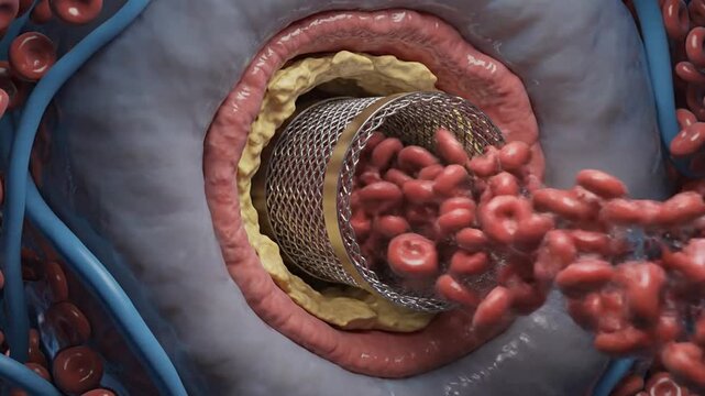 Medical stent procedure opening blocked artery: 3 d animation of angioplasty and flow restoration in human cardiovascular system