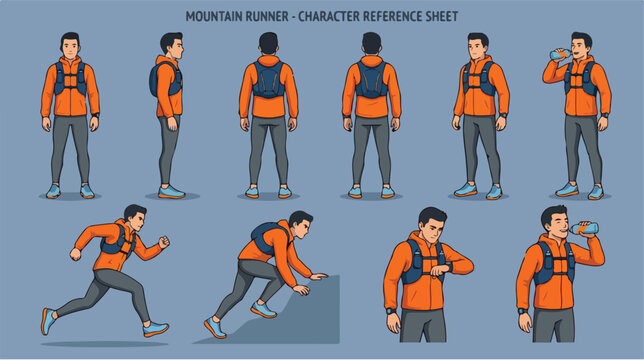 Mountain runner character design sheet with various poses and actions.