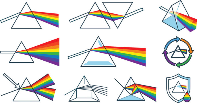 Glass Triangular Prism Dispersion Set with Rainbow Spectrum Light Refraction and Physics Science Education Icons for School Textbook and Optics Technical Graphic Designs