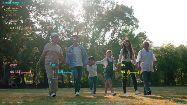 Happy multi-generational Asian family walking in a park with futuristic HUD health tracker overlay showing heart rate and fitness data, AI Data wellness, healthcare technology, and smart lifestyle