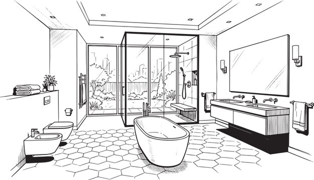 Modern bathroom interior sketch with freestanding bathtub, glass shower enclosure, and double vanity in black and white