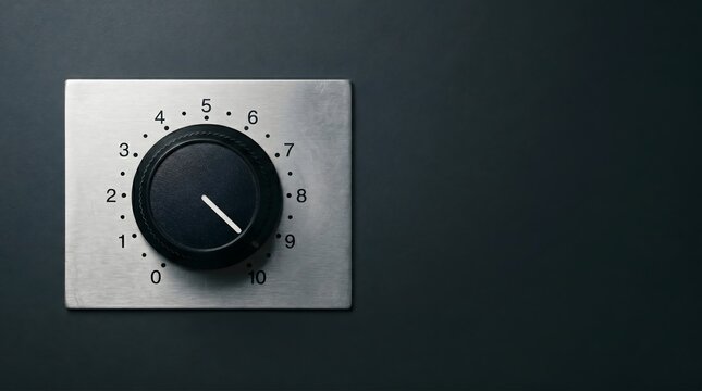 Plain black analogue volume dial turned past maximum to position eleven on brushed aluminium panel on dark slate surface, sensory overload hypersensitivity neurodiversity concept art 