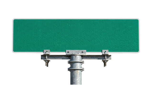 Blank green highway road sign on metal pole isolated on transparent background for custom text directions and transportation mockup realistic street signage for urban traffic and navigation