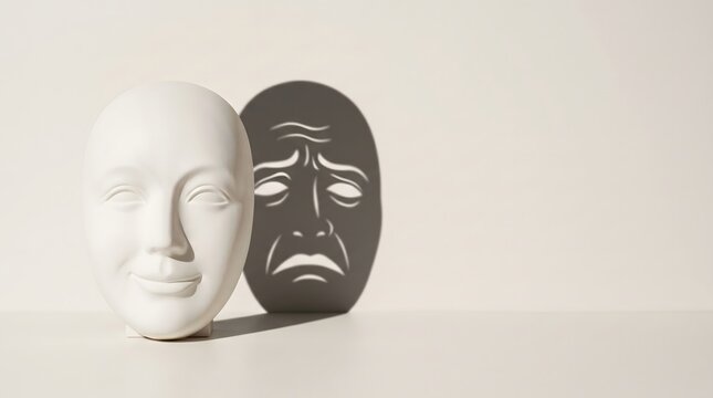 Plain white theatre mask with contradicting exhausted shadow expression on warm white wall surface, social masking camouflage neurodiversity autism burnout concept art horizontal with copy space