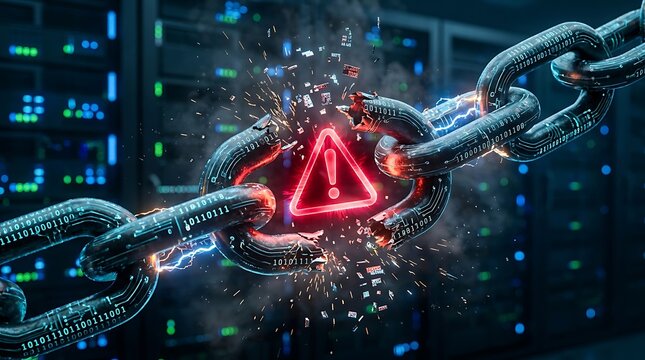 Digital data chain breaking apart with a glowing red warning symbol in a server room representing a major cybersecurity breach and network failure