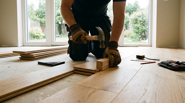 Construction worker wearing protective work gloves using a metal hammer to install new wooden floor planks in a room during a home renovation project
