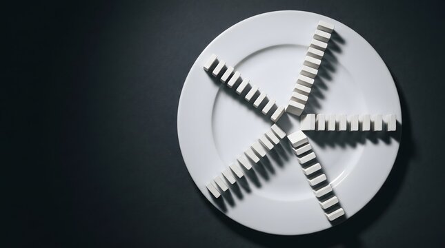 White ceramic plate with blank white dominoes arranged in five simultaneous branching trails from center on dark charcoal surface, parallel processing ADHD multitasking neurodiversity concept art 