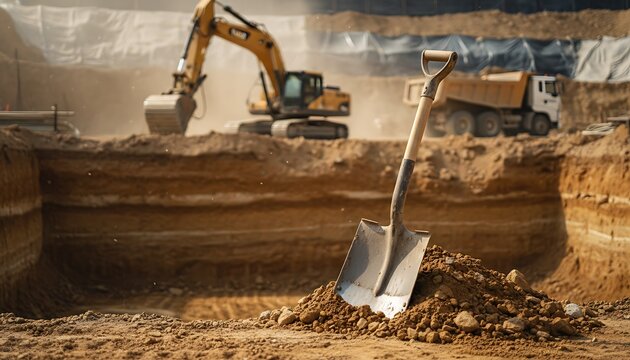 Metal shovel standing upright in a mound of brown earth at a construction excavation
