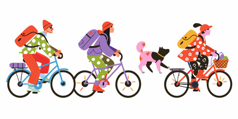 Obraz premium People Cycling With Pets Colorful Vector Illustration On White Background