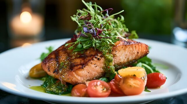 A beautifully prepared grilled salmon plate garnished with fresh microgreens showcasing a vibrant and healthy meal