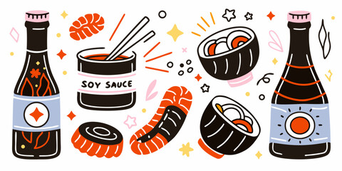 Soy Sauce Collection Sushi And Chopsticks Vector Illustration With Decorative Elements © Prodip