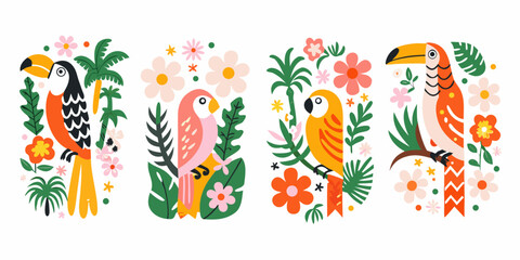 Obraz premium Tropical Birds With Foliage A Colorful Vector Illustration