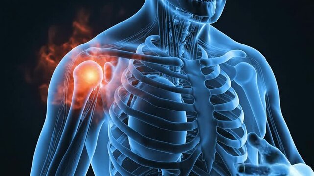 Shoulder pain anatomy animation: human skeleton with inflamed joint and glowing red injury point for medical education