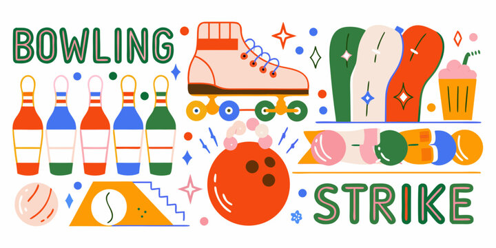 Bowling Pins Ball And Skate Illustration In A Retro Vector Style