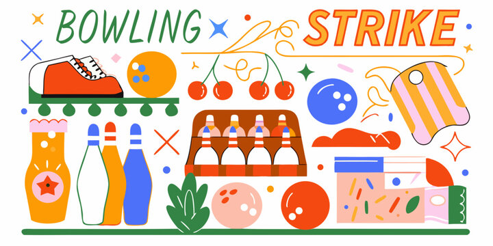 Bowling themed vector illustration with pins ball and retro elements