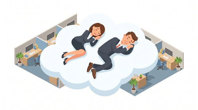 Isometric illustration of business professionals taking a power nap on a giant soft cloud