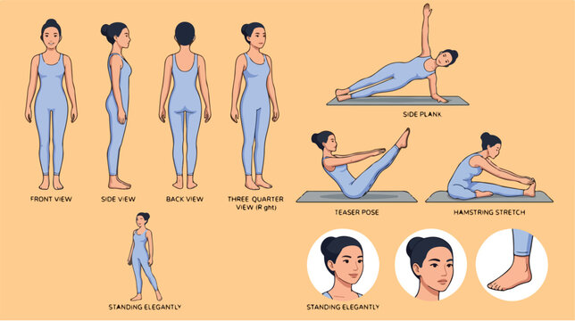 Set of character poses for female yoga instructor in workout clothes.