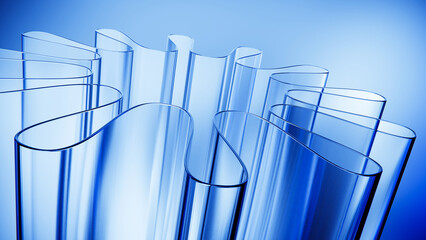 Curved translucent glass forms with clean blue background.