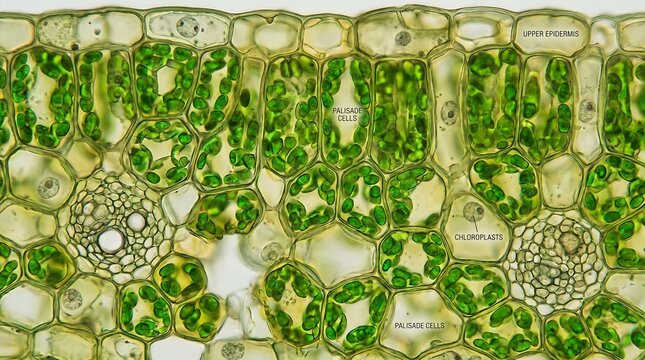 Cross section of leaf tissue showing palisade cells and chloroplasts under light microscope revealing biological internal structures for educational scientific study.