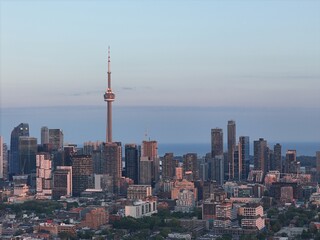 Fototapeta premium Aerial cityscape of Toronto downtown and waterfront at sunrise dusk and dawn. g.