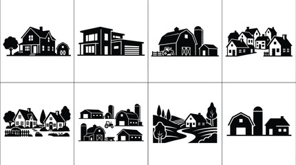 Black Silhouette Collection of Rural Houses, Barns, Farm Scenes, and Suburban Architecture for Commercial Design Projects © Joyanti