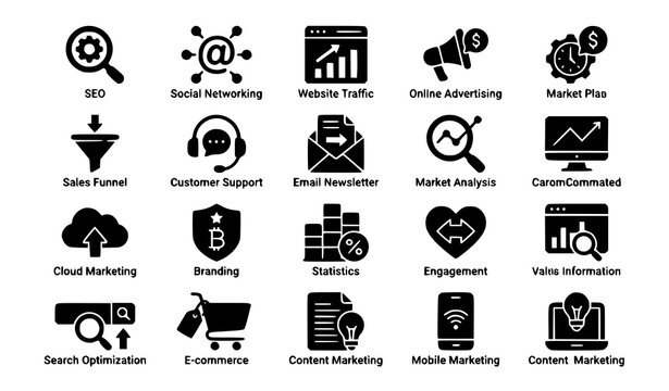 Modern Black and White Digital Marketing Filled Icons Set for SEO Social Media and Online Business
