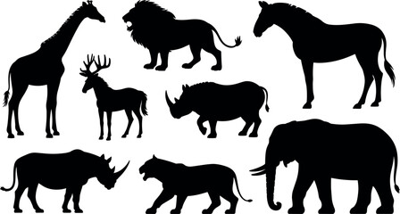 Collection of wild animal silhouettes including elephant lion giraffe zebra rhinoceros and deer isolated on white background vector illustration design. © BIPUL