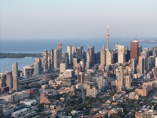 Fototapeta premium Aerial cityscape of Toronto downtown and waterfront at sunrise dusk and dawn. g.