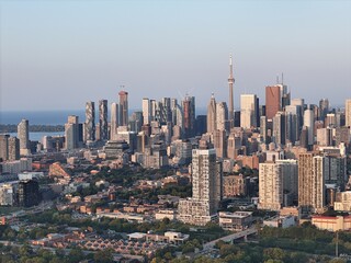 Fototapeta premium Aerial cityscape of Toronto downtown and waterfront at sunrise dusk and dawn. g.