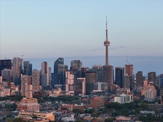 Fototapeta premium Aerial cityscape of Toronto downtown and waterfront at sunrise dusk and dawn. g.