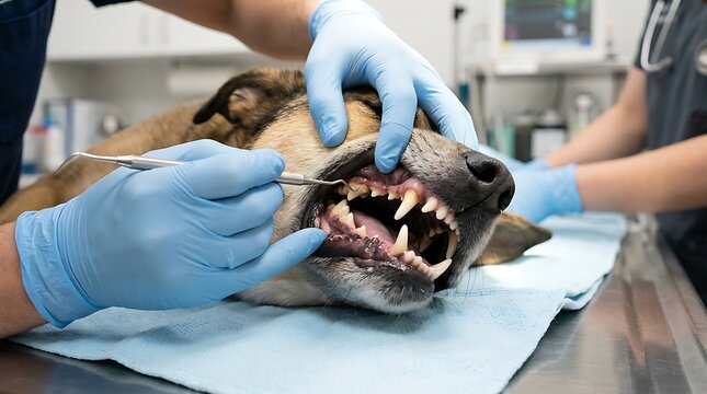 Veterinarian wearing blue protective gloves performing a dental cleaning procedure on a dog in a modern veterinary clinic examination room setting