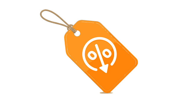 Orange sale tag with percentage symbol and downward arrow icon indicating discount and price reduction