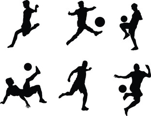 Black vector illustration set showing silhouettes of soccer players performing various dynamic athletic ball control moves © Nofayel