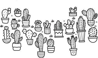 Hand drawn vector illustration featuring a collection of cute potted cactus plants in black ink © Nofayel
