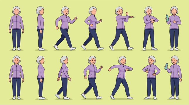 Set of elderly woman character in sportswear performing various walking and fitness activities.