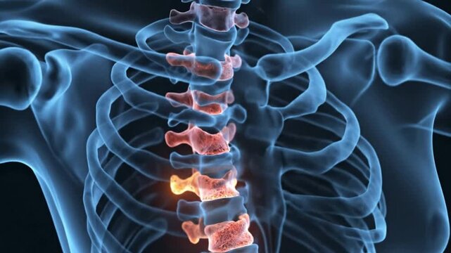 3 d medical animation of spinal column pain and vertebrae inflammation: human back anatomy and chronic backache concept