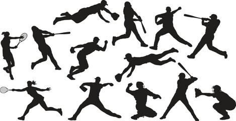 Set of black vector silhouettes featuring baseball players and tennis athletes in various dynamic action poses © Nofayel